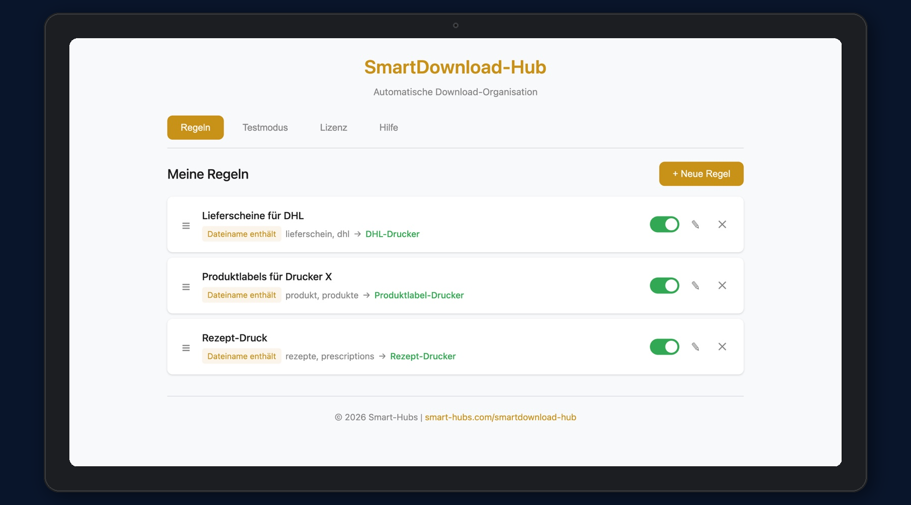 SmartDownload-Hub Interface auf Tablet